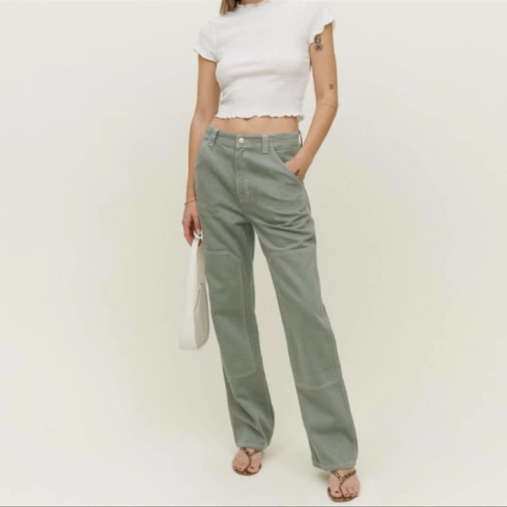 Reformation NEW Harrison Carpenter High Rise Straight Wide Leg Jeans Moss Green